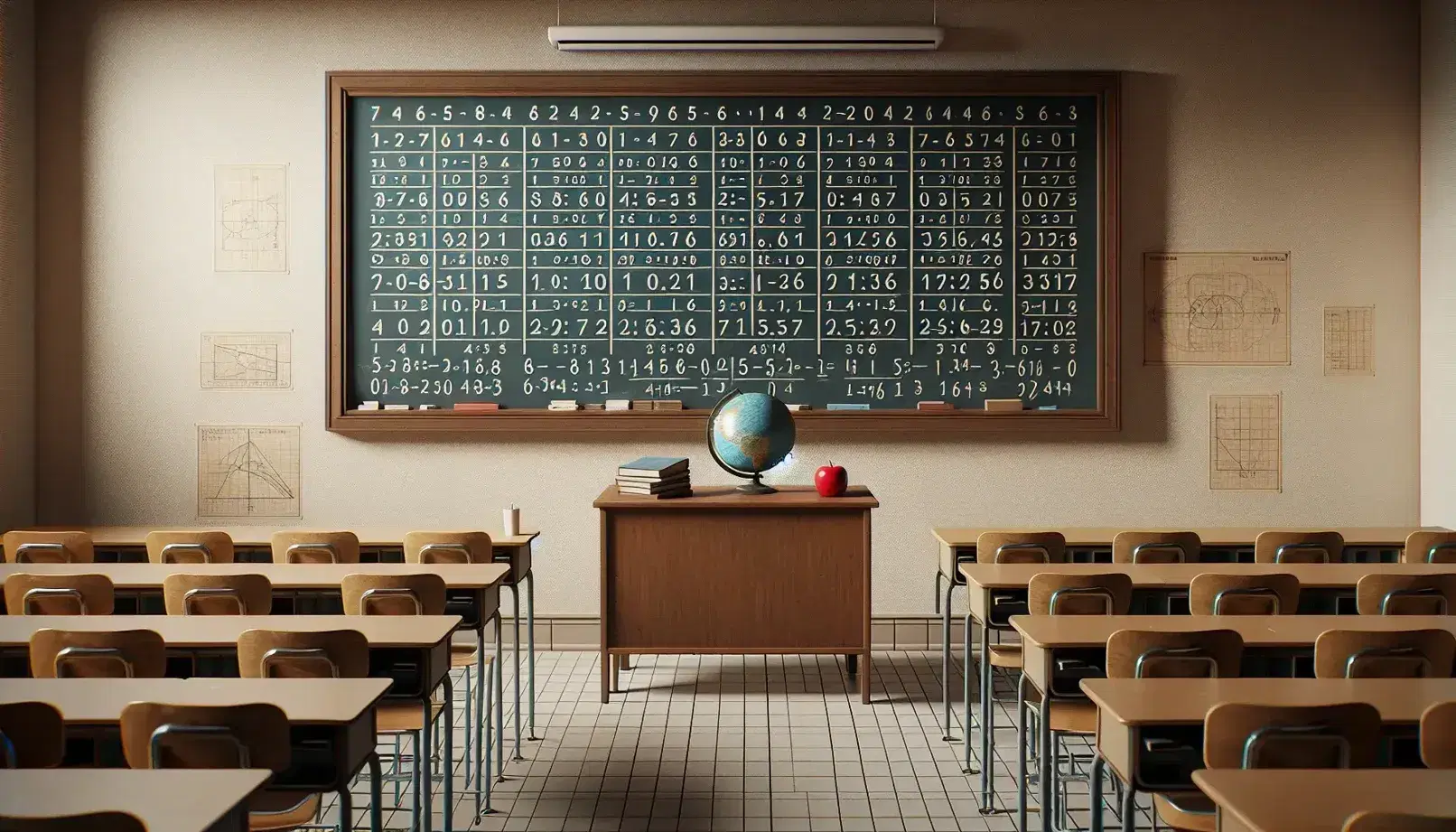 Bright classroom with a blackboard displaying a matrix grid, a teacher's desk with textbooks and an apple, a globe, and sunlit empty student desks.