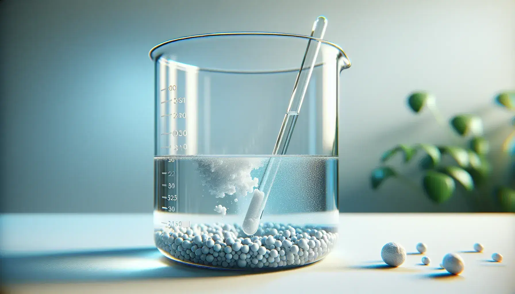 Glass beaker with immiscible liquids, light blue bottom layer and colorless top layer, suspended solid particles and stirring rod.
