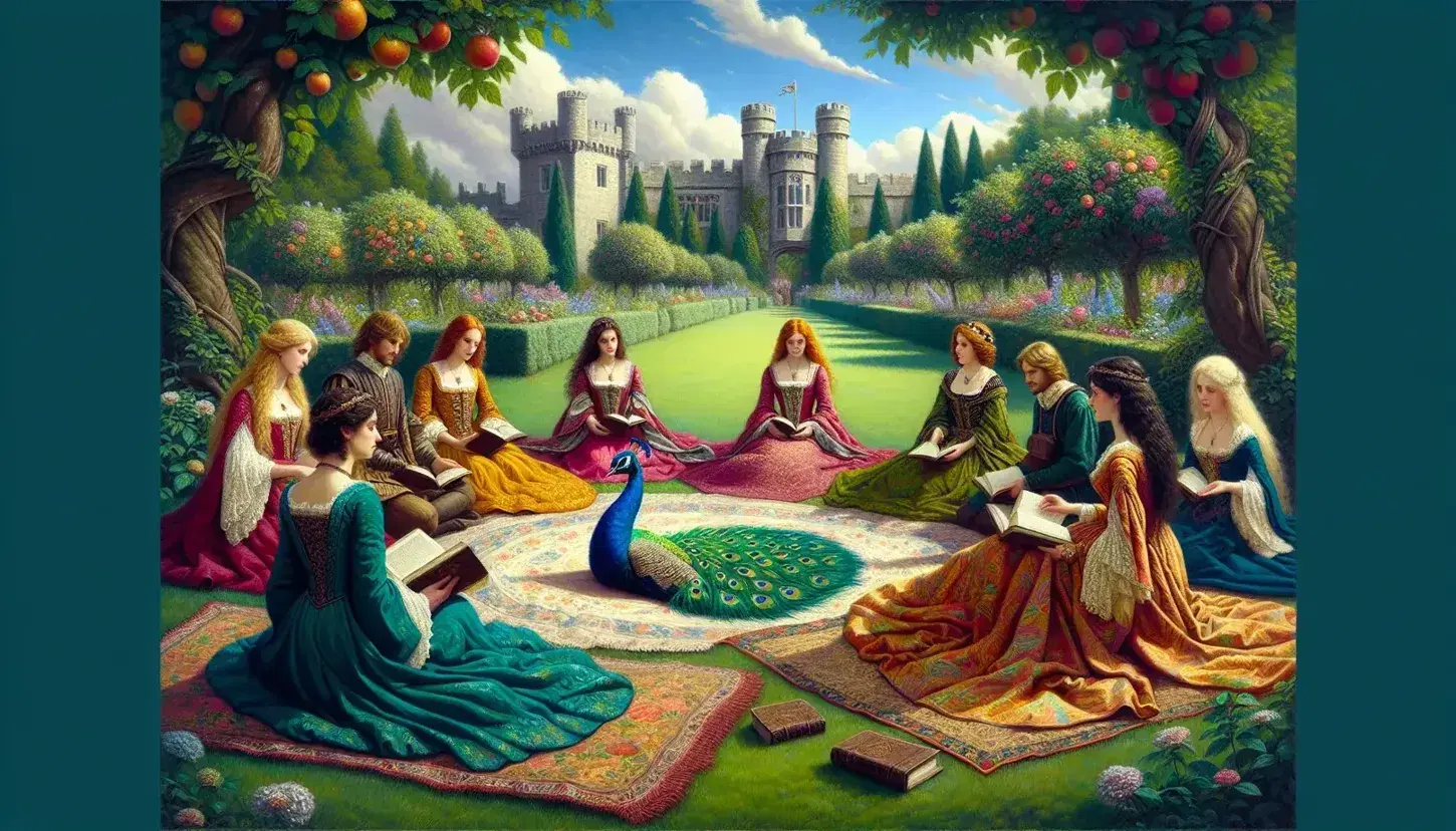 Gruppo di persone in abiti medievali sedute in cerchio su tessuti eleganti in giardino rigoglioso, con castello sullo sfondo e pavone in primo piano.