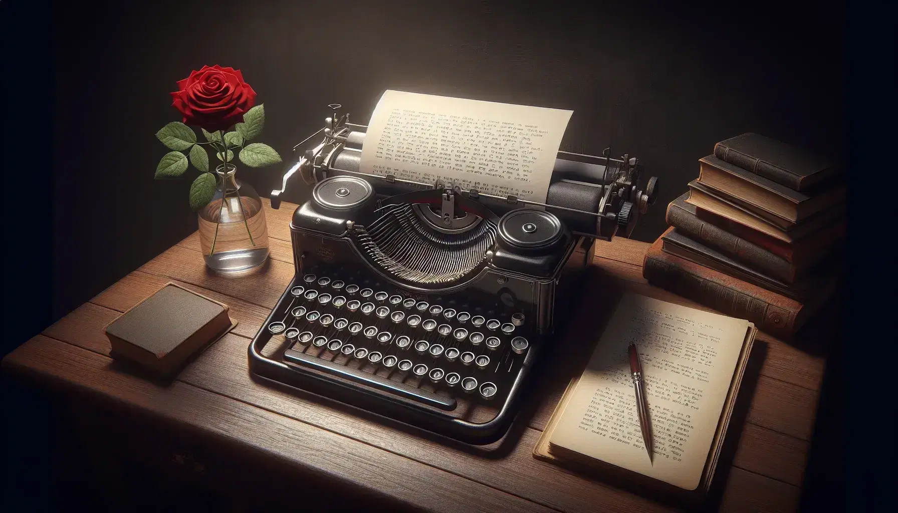 Vintage typewriter with blank paper on a wooden desk beside an open book, a vase with a red rose, and a framed black and white profile portrait.