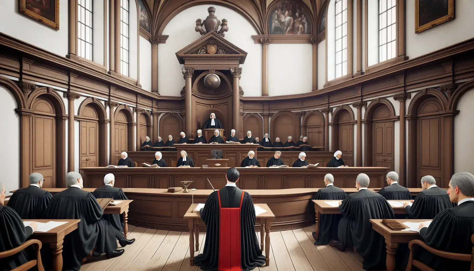 Aula di tribunale italiana con giudice in toga, avvocati ai banchi, giuria e pubblico, stemma repubblicano sul muro.