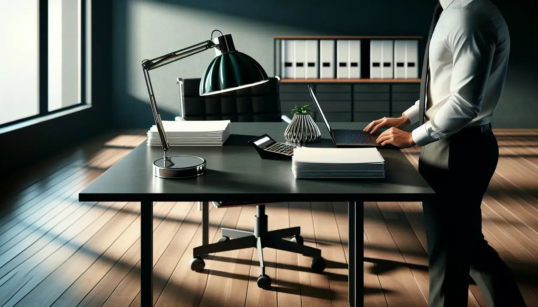 Modern accounting office setup with a dark wooden desk, silver laptop, green banker's lamp, and professional at work, complemented by a leafy plant and soft daylight.