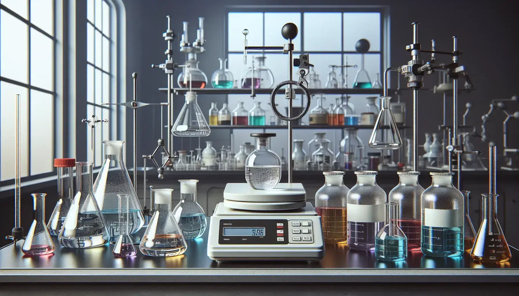 Laboratorio de química con balanza analítica, matraz Erlenmeyer en pinza universal, quemador Bunsen y estantes con frascos de reactivos de colores variados.
