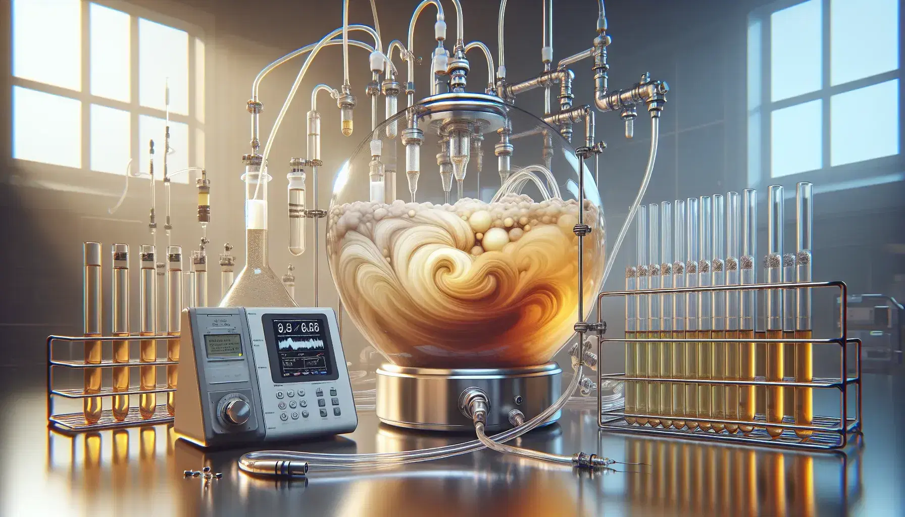 Laboratory with glass bioreactor and fermenting amber liquid, gas tubes, test tubes with cultures and digital pH meter.