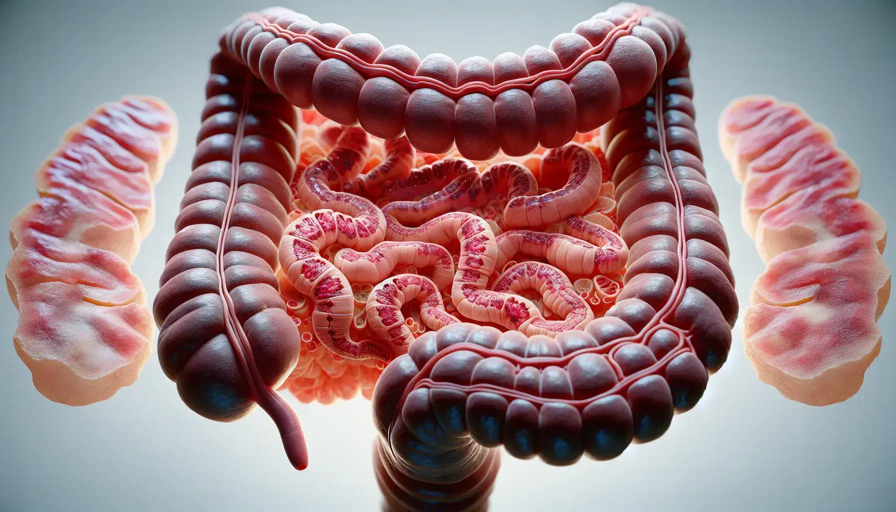 Sezione trasversale dettagliata dell'intestino tenue umano con villi intestinali evidenziati e parete muscolare esterna.