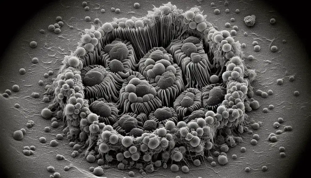 Micrografía electrónica de transmisión en blanco y negro mostrando el aparato de Golgi de una célula eucariota con cisternas y vesículas circundantes.