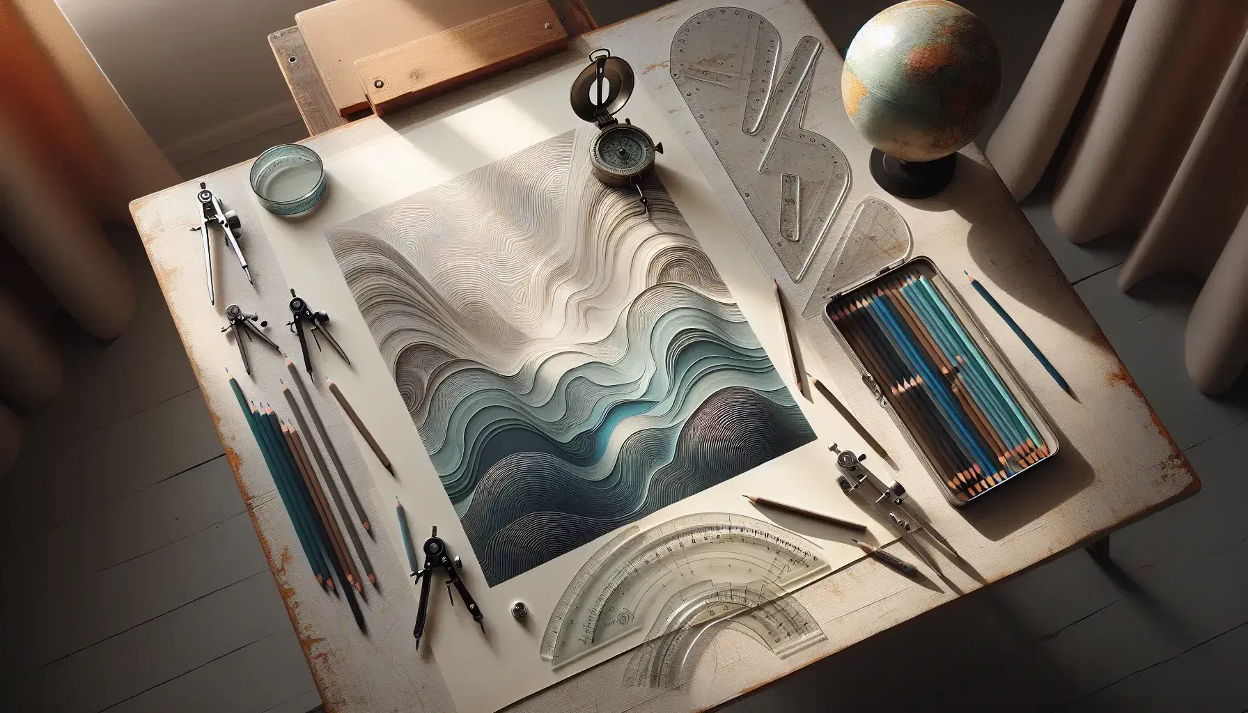Mesa de madera clara con herramientas de dibujo, papel con boceto de mapa topográfico en tonos grises y azules, compás metálico, reglas triangulares y estuche de lápices de colores.