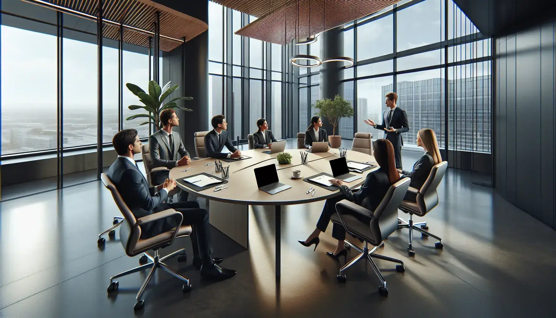 Reunión de negocios en oficina moderna con mesa ovalada, sillas ergonómicas y cinco profesionales discutiendo activamente.