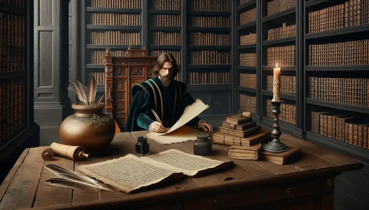 Scena rinascimentale con uomo in tunica che legge pergamena, scrivania con calamaio, candela spenta e globo terrestre in biblioteca antica.