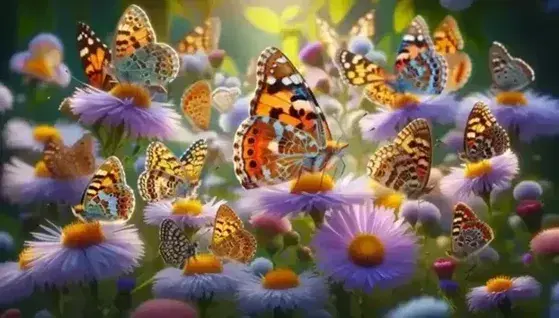 Mariposas posadas en flores silvestres con alas naranjas, negras y blancas destacando sobre un fondo de vegetación verde y luz natural suave.