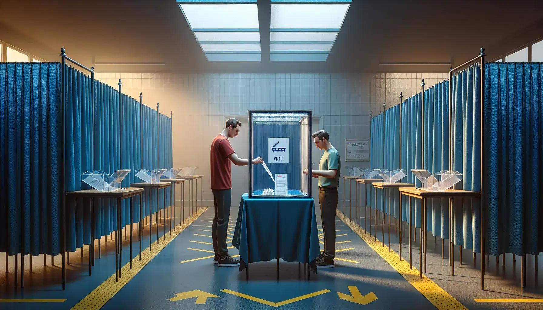 Cabina elettorale con urna trasparente su tavolo blu, persone che votano, segnali gialli a terra per il distanziamento.