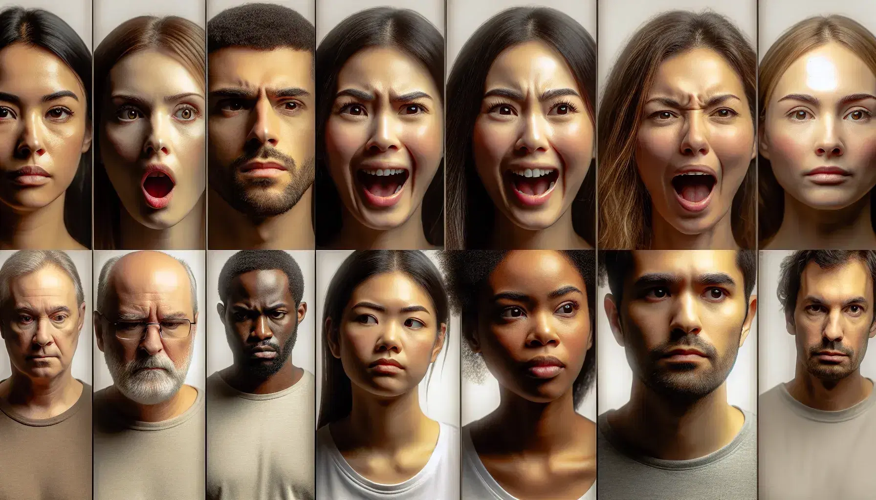Close-up of six people with different emotions: surprised Caucasian woman, angry Hispanic man, happy black woman, skeptical Asian man, repentant Middle Eastern woman, thoughtful South Asian man.