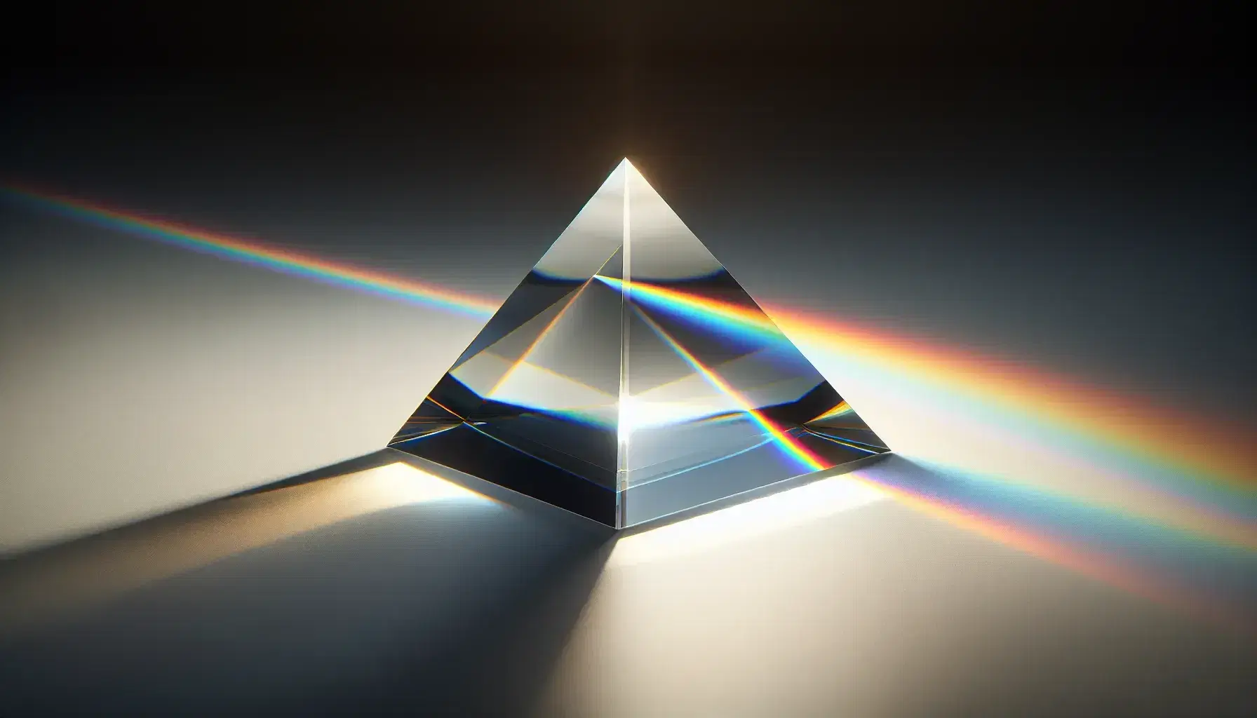 Prisma triangular de vidrio descomponiendo luz blanca en espectro de colores sobre superficie lisa, ilustrando refracción y dispersión de luz.