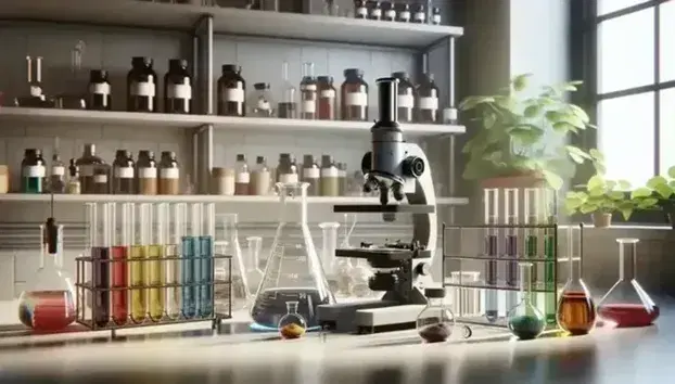 Laboratorio de ciencias naturales con microscopio compuesto, probetas con líquidos de colores y frascos en estante, junto a planta verde.