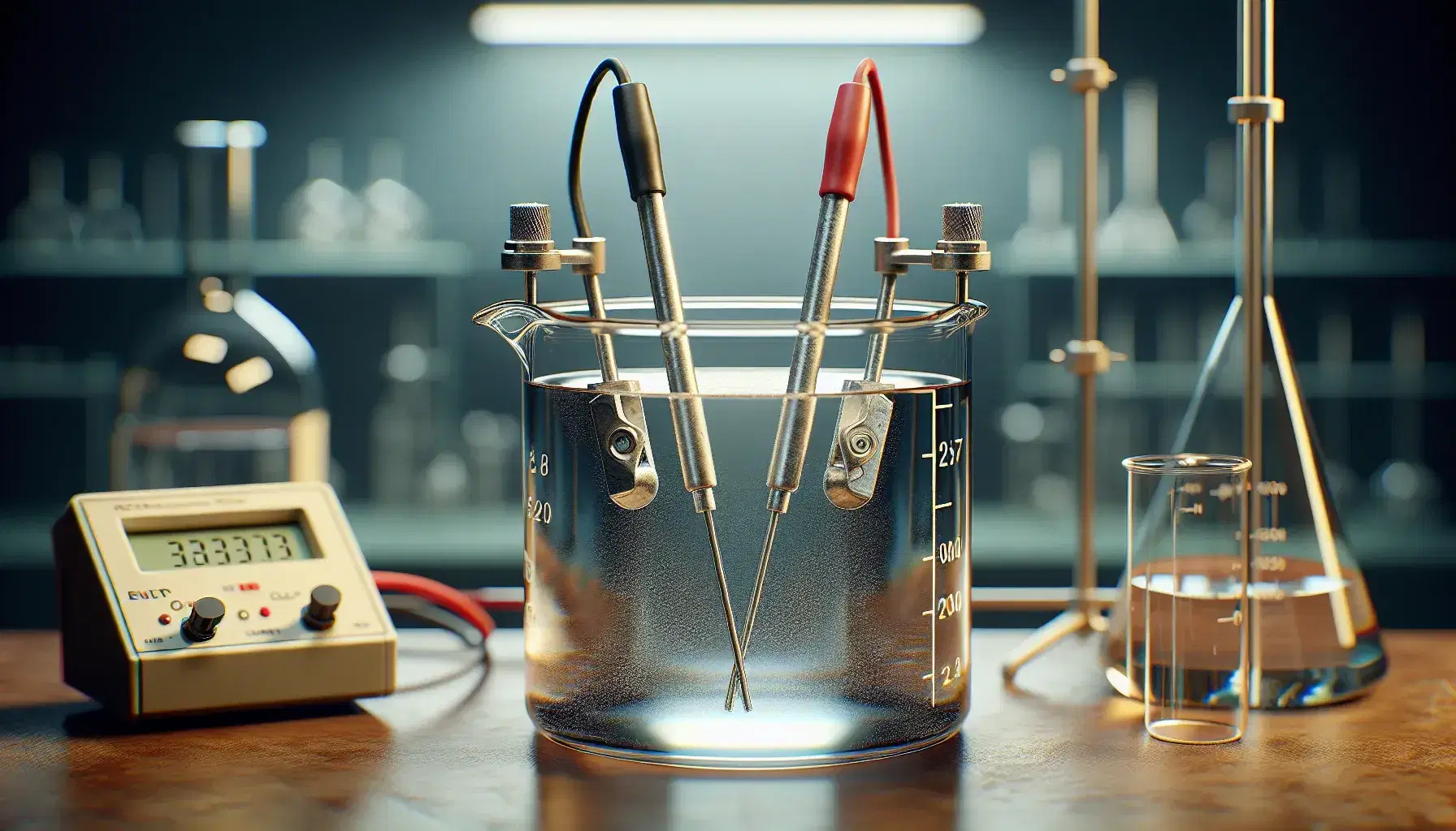 Galvanic cell in laboratory with metal electrodes immersed in electrolyte solution and voltmeter connected to measure the potential difference.