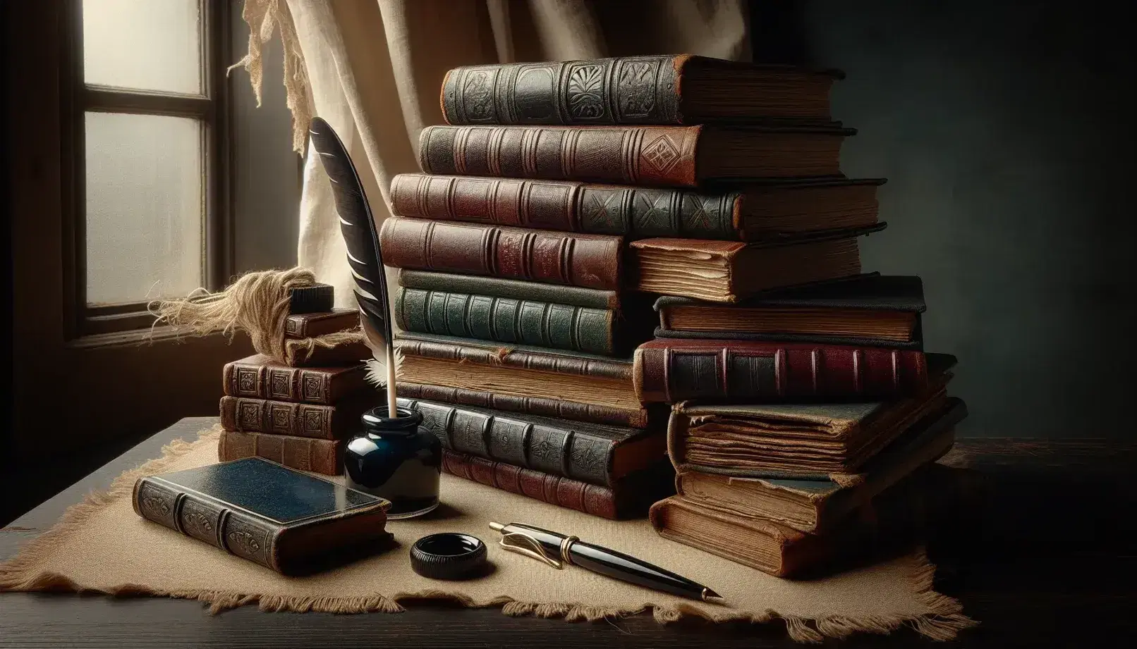 Libri antichi impilati su tavolo scuro con penna d'oca e calamaio blu, sfondo di finestra con tende crema.