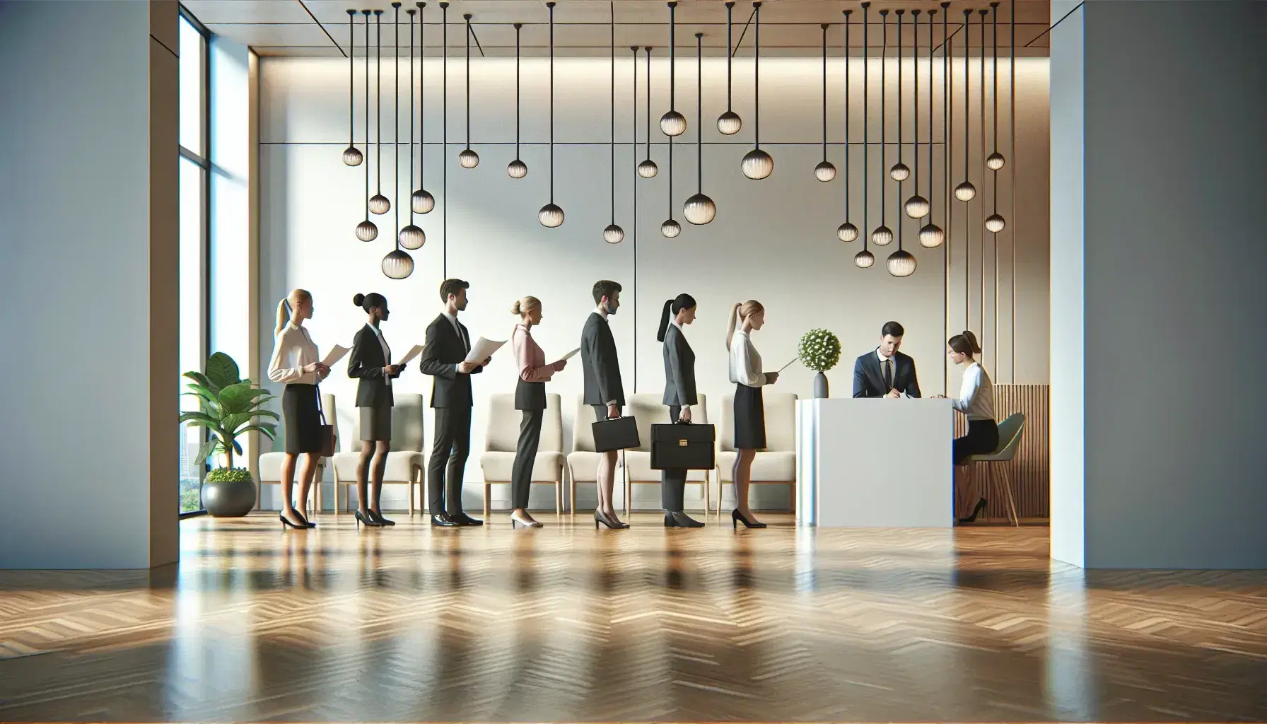 Fila di candidati in abiti formali attendono il loro turno davanti a un banco reception in un ufficio luminoso con pavimento in parquet e pianta verde.