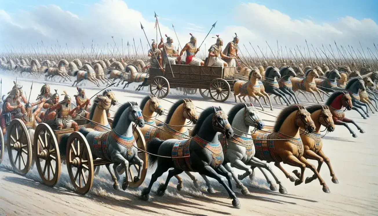 Carruajes de guerra egipcios con caballos en plena carrera y soldados armados con lanzas y escudos en un antiguo campo de batalla bajo cielo azul.