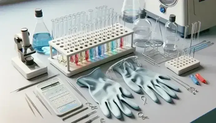 Mesa de laboratorio con guantes de seguridad azules, gafas protectoras, tubos de ensayo con líquidos de colores y balanza analítica apagada.