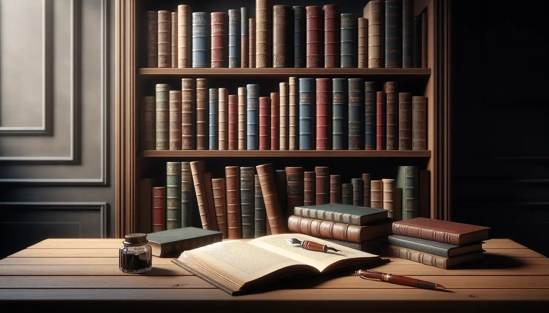 Estantería de madera oscura repleta de libros de colores y tamaños variados con una mesa y un libro abierto sin texto junto a una pluma antigua y tintero cerrado bajo una luz suave.
