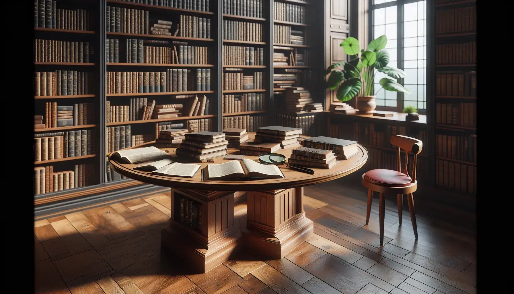 Biblioteca acogedora con estanterías de madera oscura llenas de libros, mesa central con libros abiertos y lupa, silla con cojín rojo y planta verde.