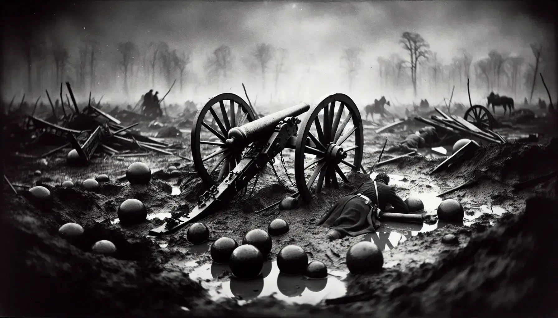 Campo di battaglia della Guerra Civile Americana post-conflitto con cannone danneggiato, palle di cannone e soldato caduto, in un paesaggio invernale.
