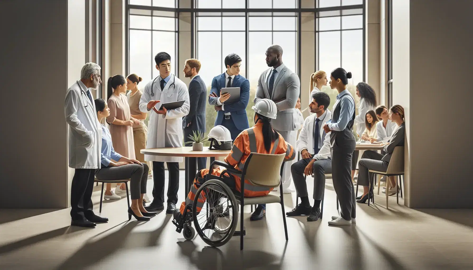 Grupo diverso de profesionales en reunión colaborativa, con una doctora hablando a un trabajador y otros interactuando en un ambiente iluminado y acogedor.