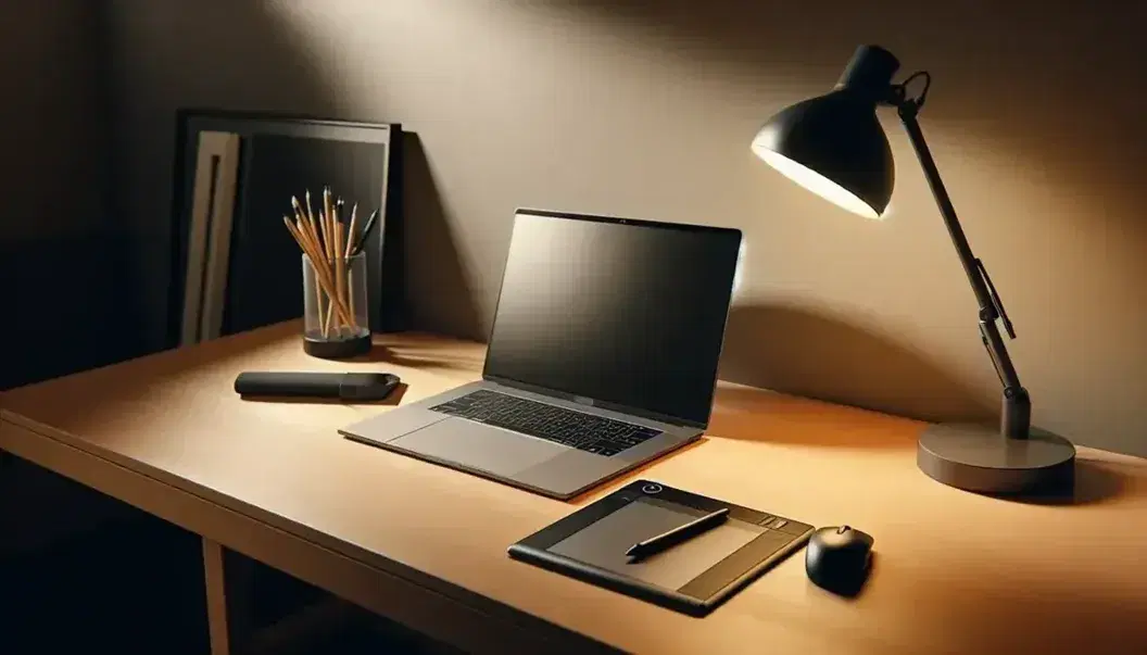 Scrivania in legno chiaro con laptop aperto, mouse ottico, tavoletta grafica con penna, monitor spento e lampada da tavolo, strumenti di disegno trasparenti in primo piano.