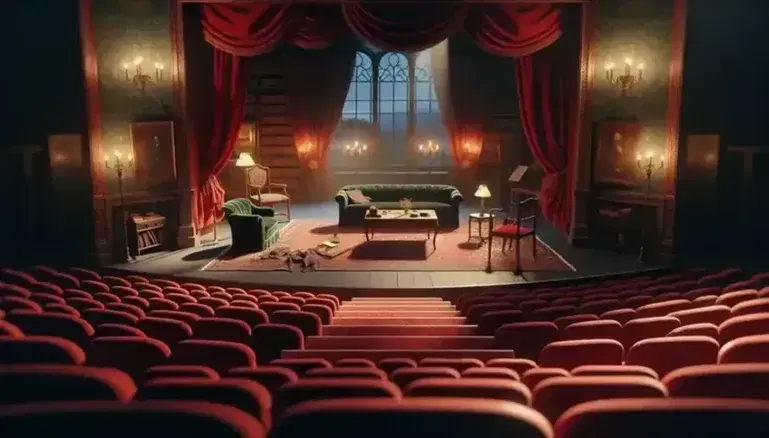 Escenario teatral vacío con asientos de terciopelo rojo, iluminación cálida, cortinas rojas y decorado de sala de estar antigua con sofá de terciopelo y candelabro sobre mesa de café.