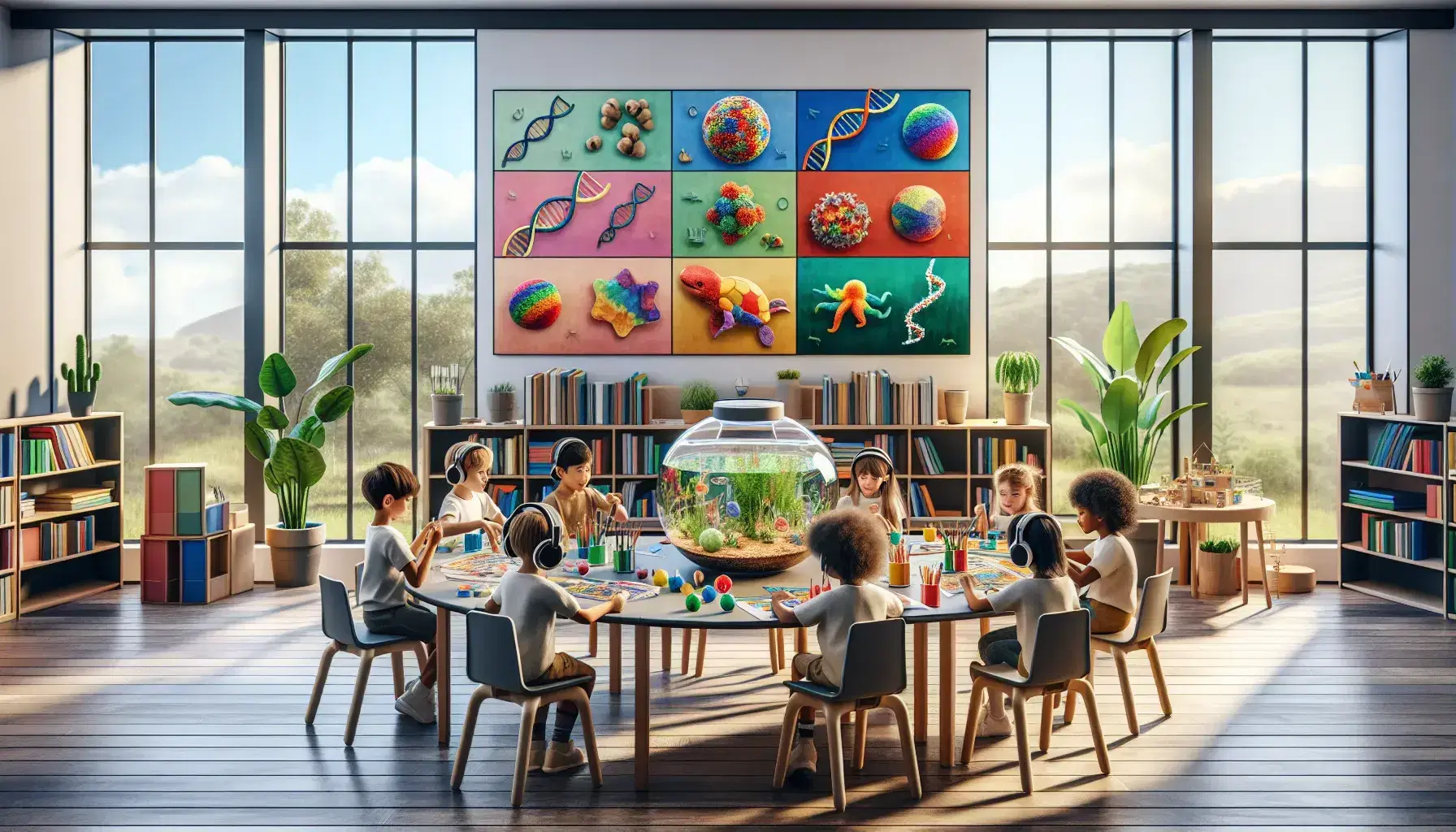 Aula luminosa con niños realizando actividades educativas, mesa redonda con puzzle, pintura, teclado musical y modelo de ADN, estantería con libros y pecera.