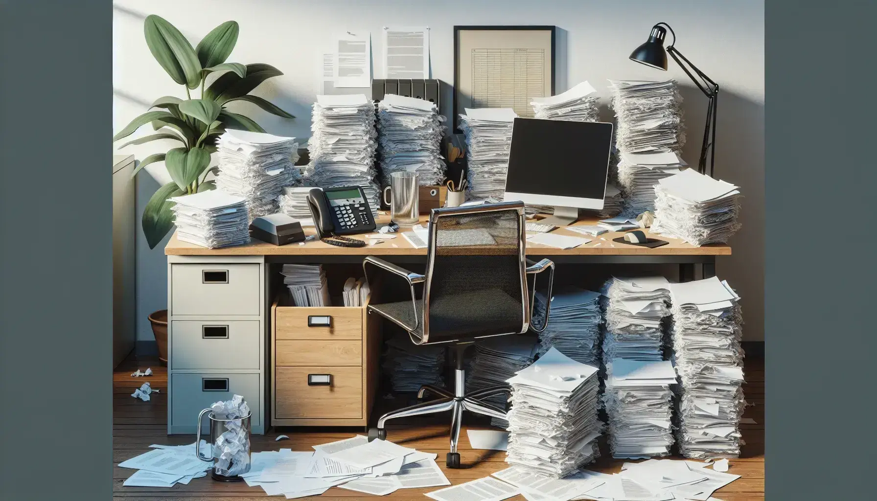 Cluttered office desk with stacks of paper, a black telephone, open laptop, ergonomic mouse, and a potted plant, beside a half-full water bottle.