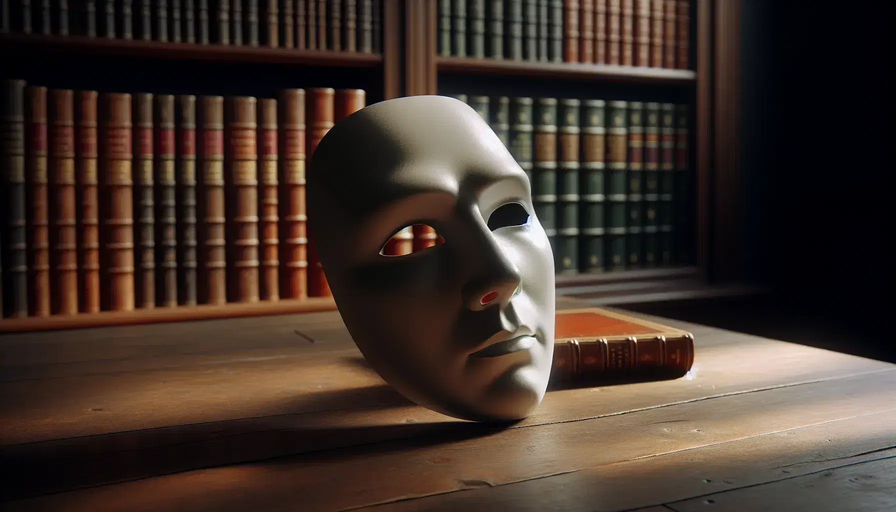 Maschera teatrale bianca neutra su tavolo scuro con sfondo sfocato di scaffali con libri rilegati.