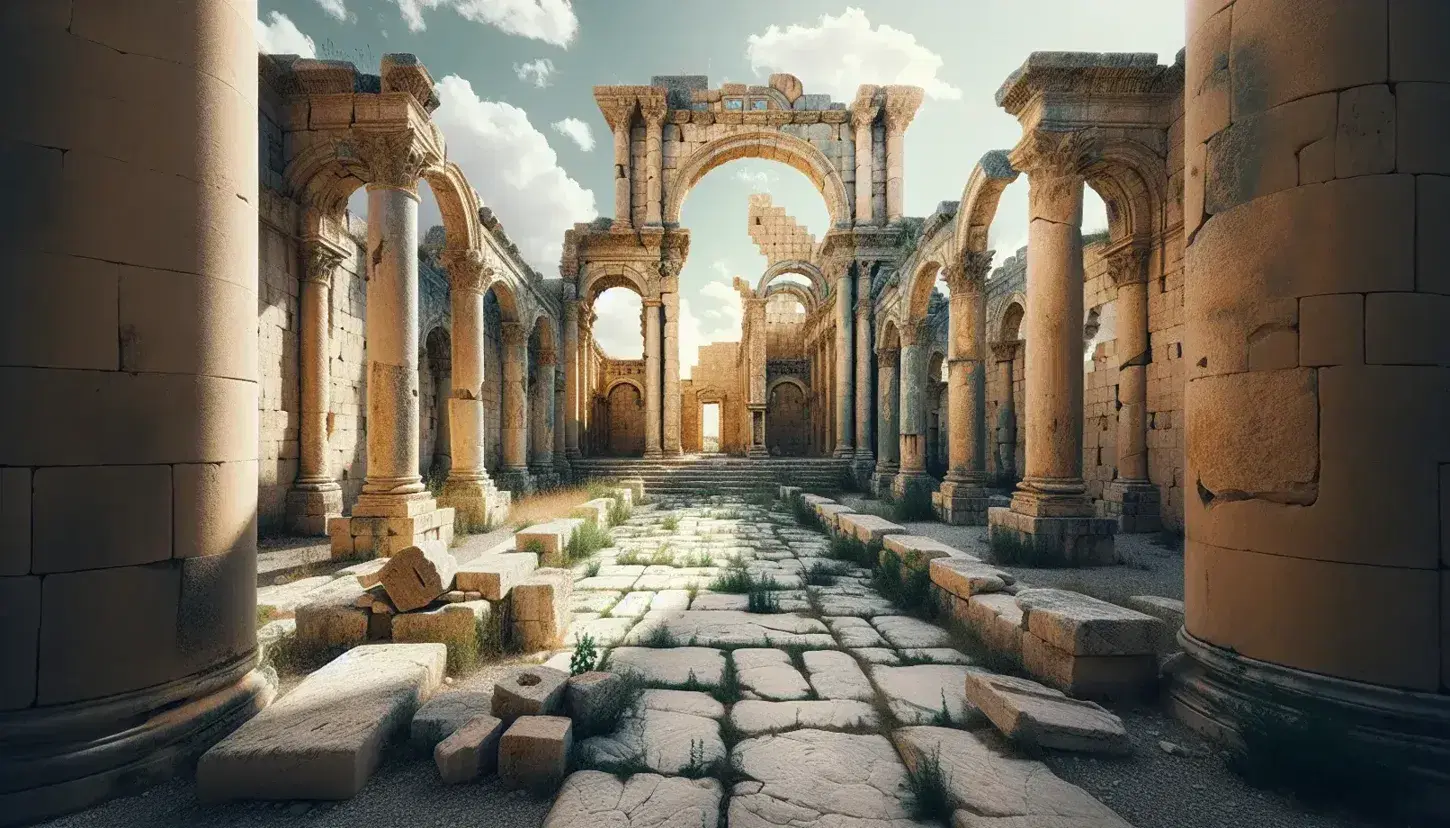 Ruinas antiguas de construcción romana con columnas y arcos en piedra beige, suelo erosionado con vegetación y cielo despejado.