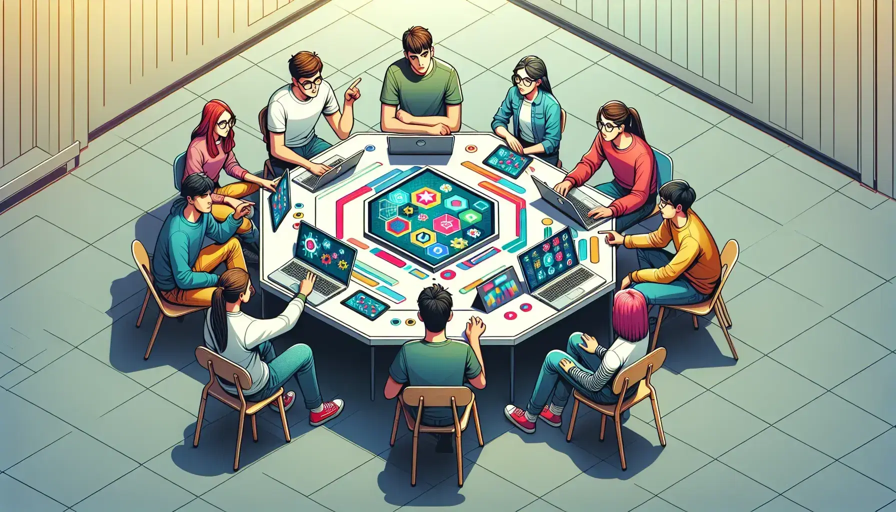 Estudiantes de diversas edades colaborando alrededor de una mesa hexagonal con un portátil y una tablet mostrando interfaces gráficas coloridas.