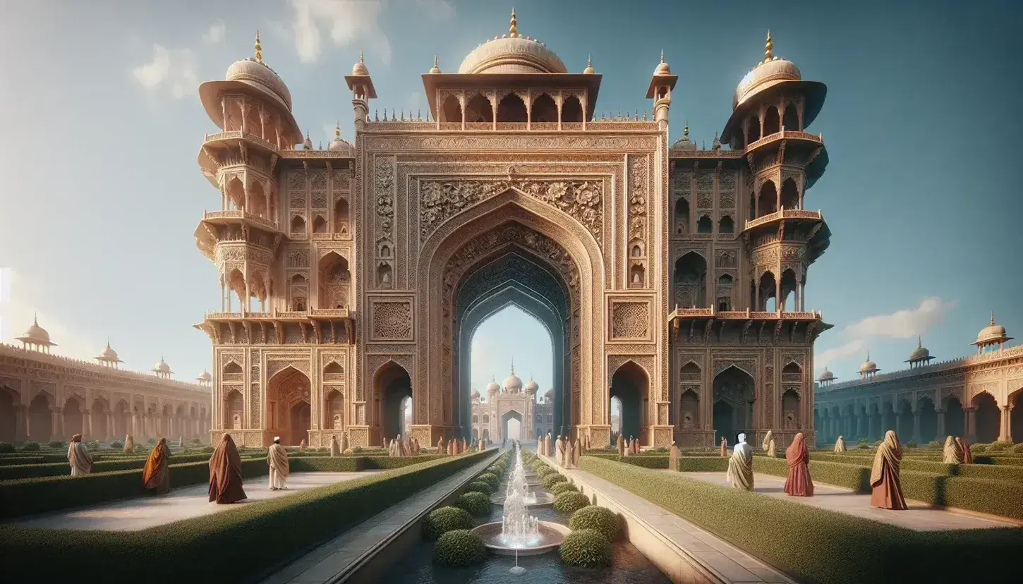 Grand Mughal gateway with intricate carvings against a blue sky, leading to a courtyard and white marble domed structure with minarets and people in period attire.