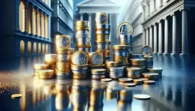 Monete Euro impilate in torri di varie altezze su superficie riflettente con sfondo sfocato di facciata bancaria.