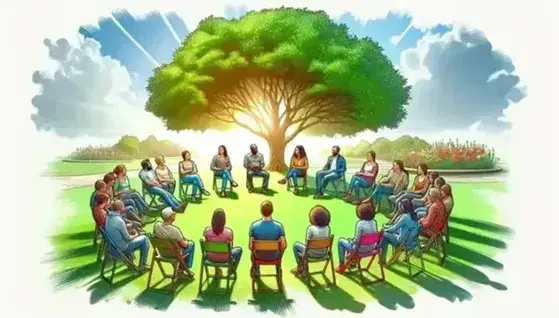 Gruppo eterogeneo seduto in cerchio su sedie colorate all'aperto, conversa sotto albero frondoso in parco soleggiato.
