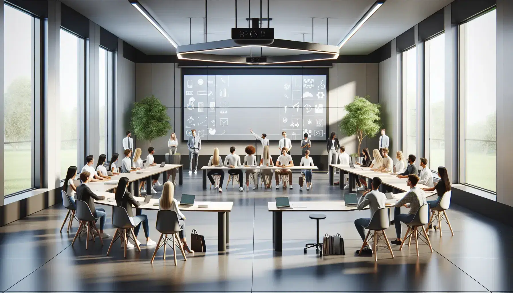 Diverse students seated in a semi-circle in a modern classroom with interactive whiteboard, potted plants, and natural light filtering through windows.