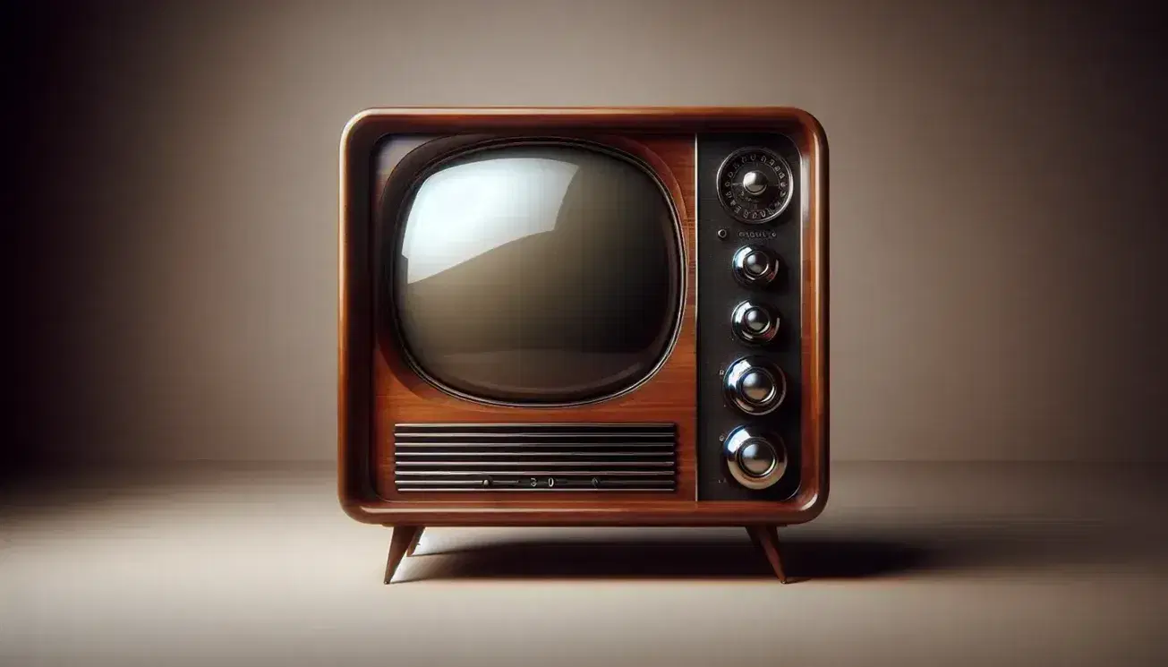Vintage wooden television with unlit convex screen, two metal knobs for channels and volume, on slightly inclined legs.