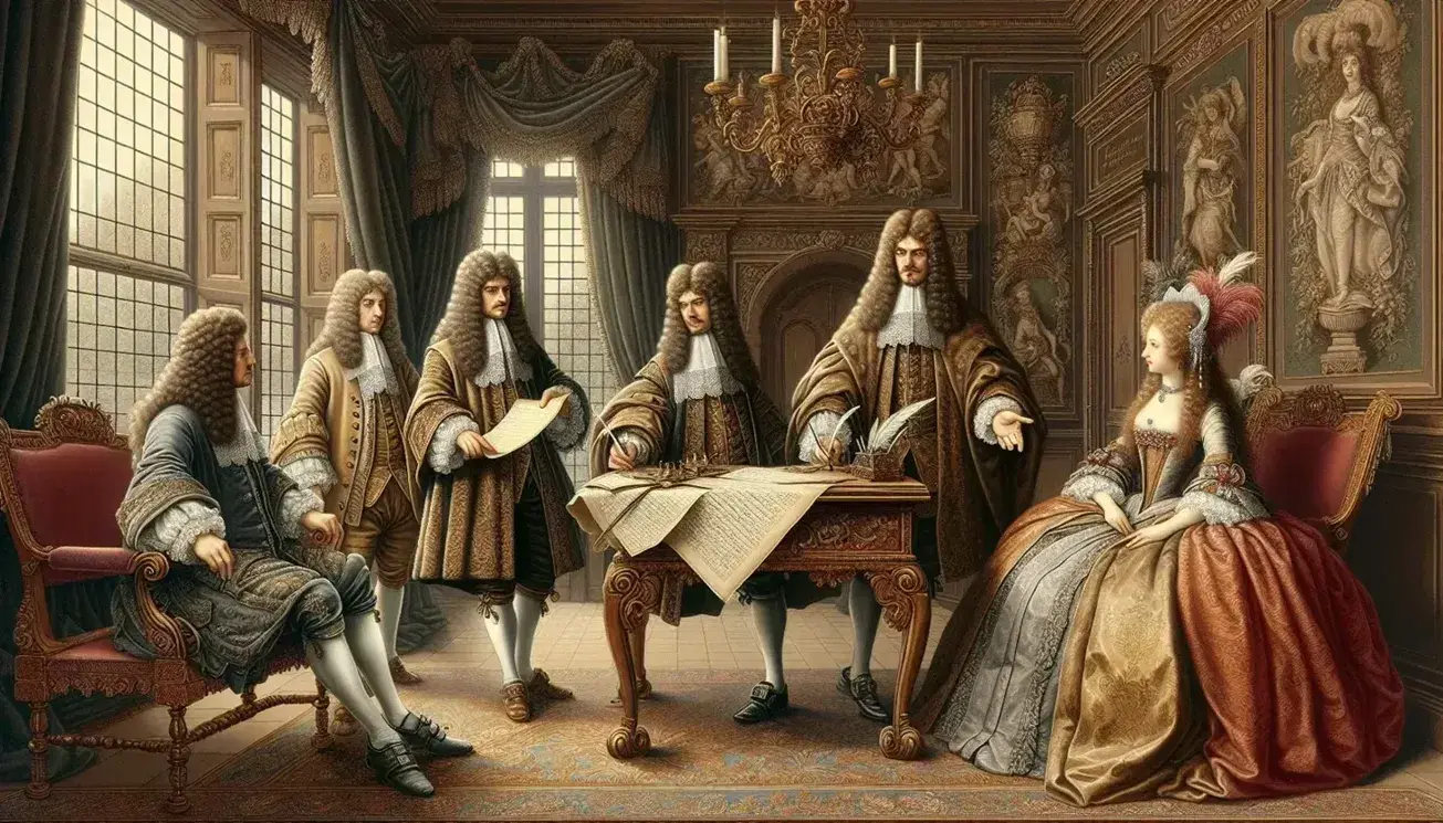 Restoration-era drawing room with elegantly dressed couples, one discussing a document at a table, the other in private conversation, in a richly adorned interior.