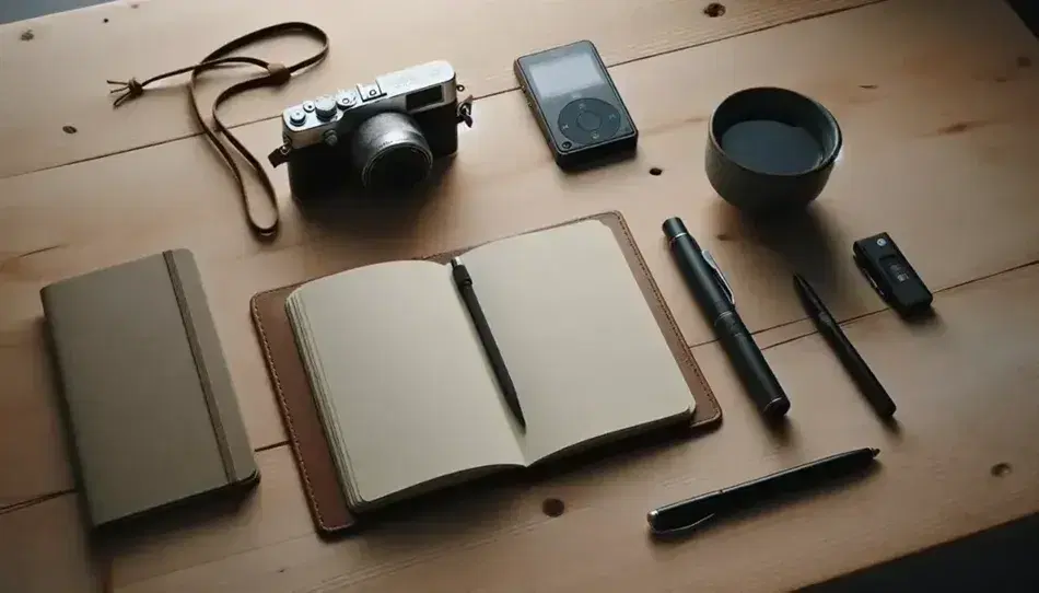 Mesa de madera clara con cuaderno abierto, bolígrafo negro, grabadora digital, cámara vintage y taza de café bajo luz natural.