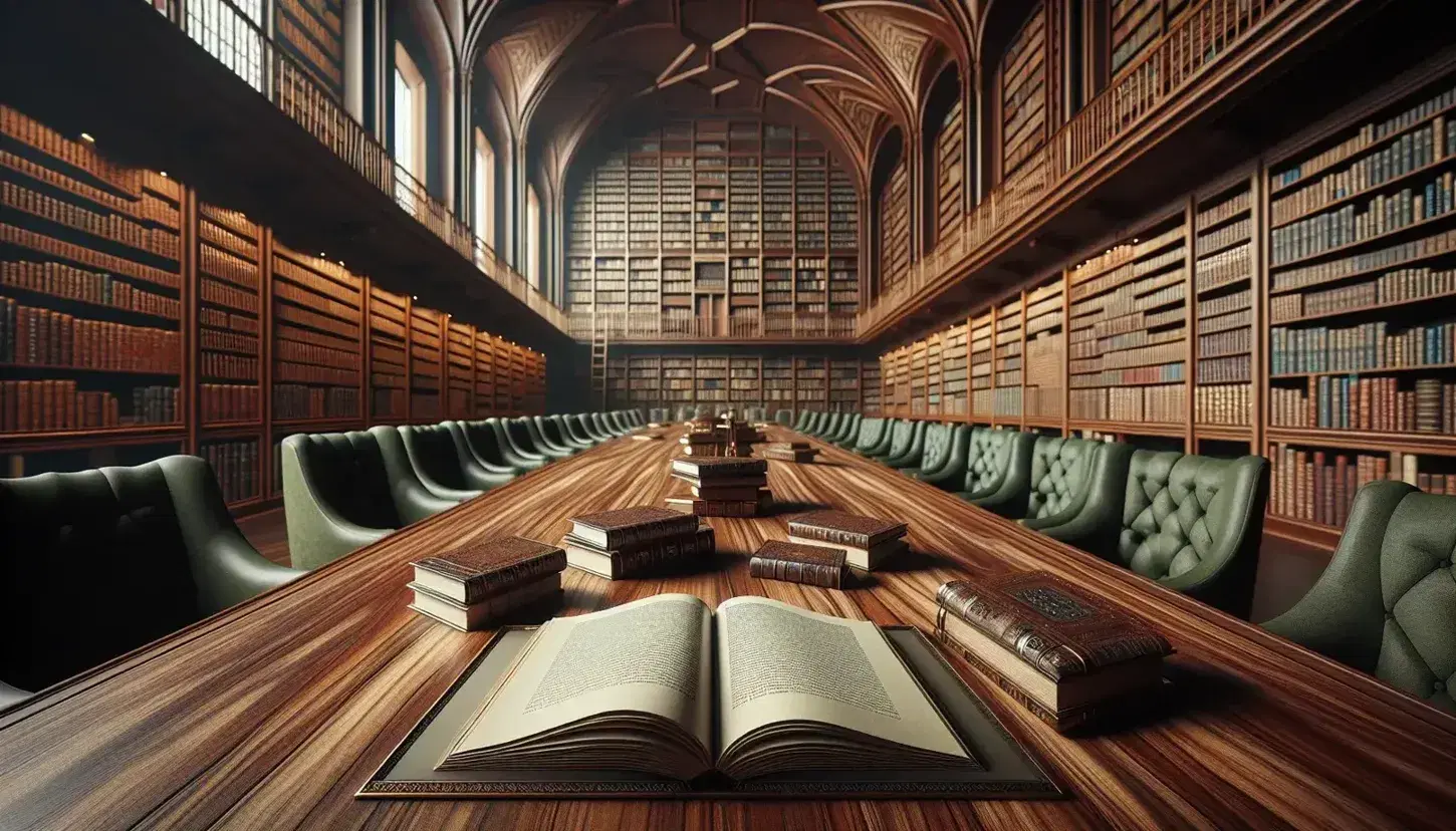 Serene library reading room with polished wooden table, open books, high-backed green chairs, and bookshelves lined with various books under a warm chandelier light.