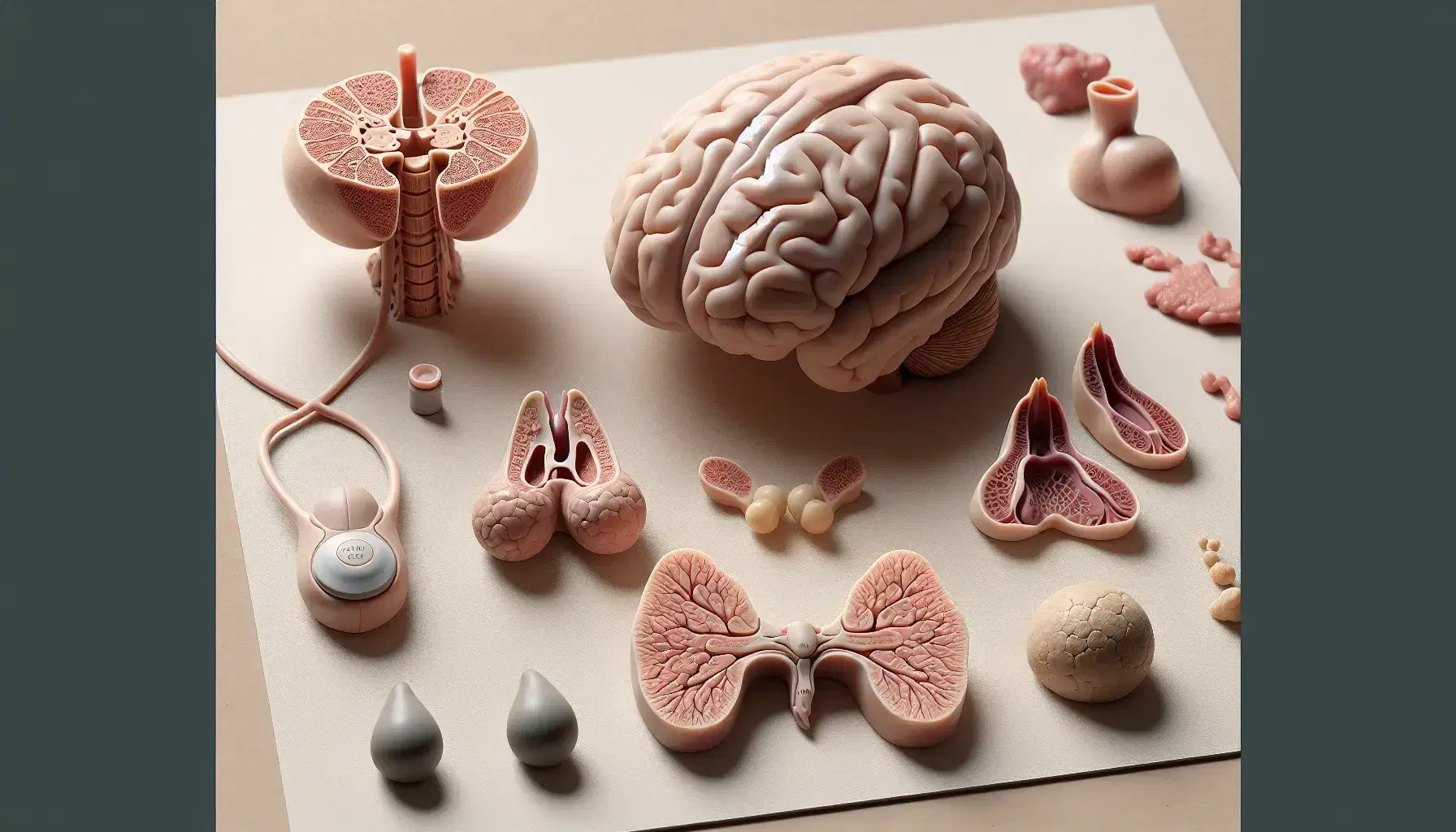Modelos anatómicos tridimensionales de glándulas endocrinas humanas, incluyendo cerebro con hipotálamo, tiroides con paratiroides, páncreas, suprarrenales sobre riñones y órganos reproductores.