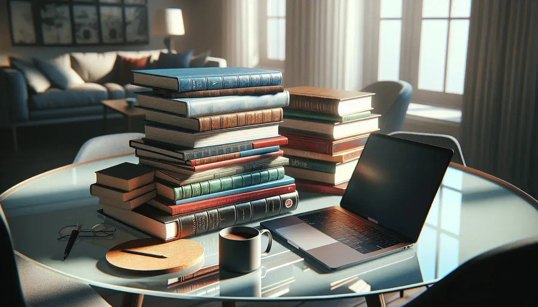 Pila de libros variados en mesa de madera con laptop abierto y taza de café, iluminados por luz natural de ventana con cortinas blancas.