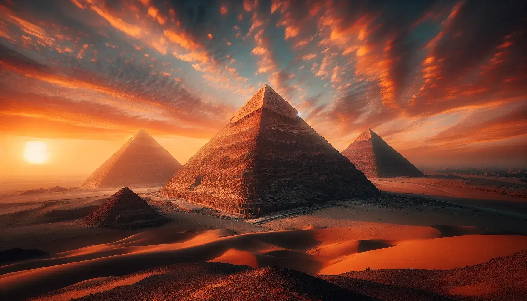 Tramonto sulle Piramidi di Giza con riflessi arancioni sulle superfici, figura umana in primo piano e cielo colorato.