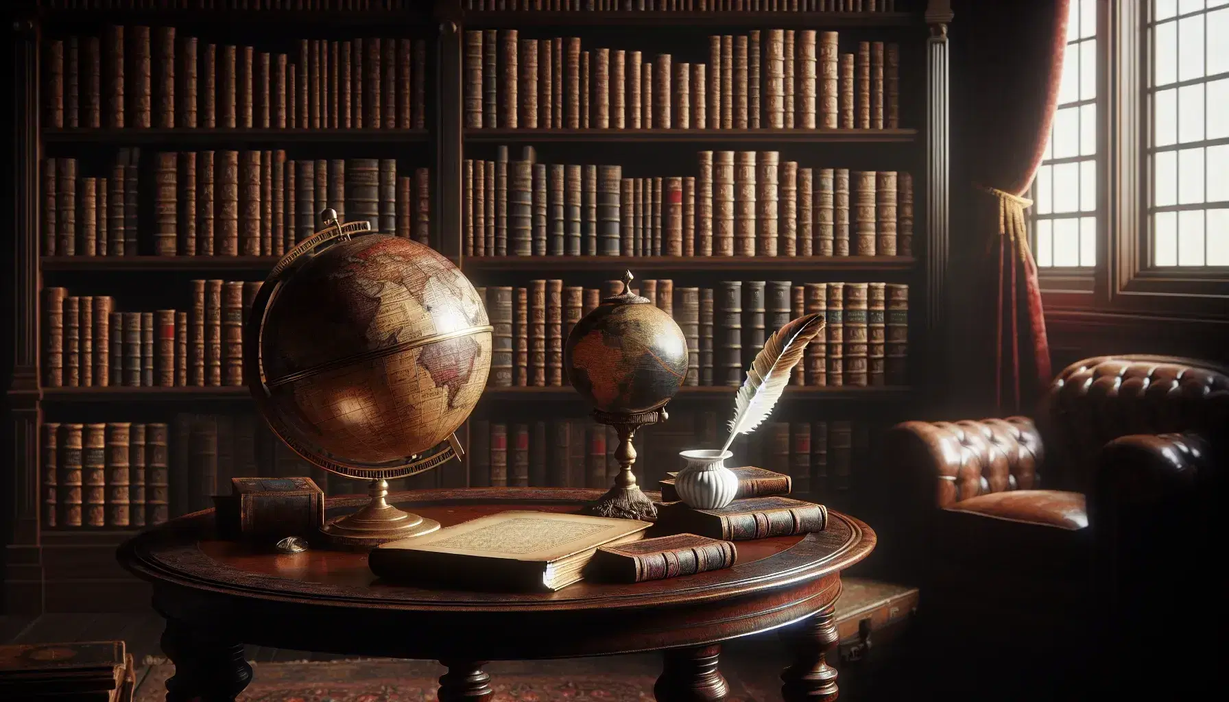 Biblioteca antigua con estanterías de madera oscura llenas de libros, mesa con globo terráqueo sepia y pluma en tintero, luz cálida de lámpara y ventana con cortinas rojas.