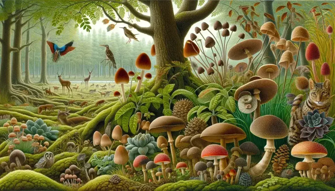 Ecosistema diverso con hongos de colores, musgo, plantas verdes, árbol con flores, pájaro en nido y fauna silvestre en un bosque iluminado por el sol.