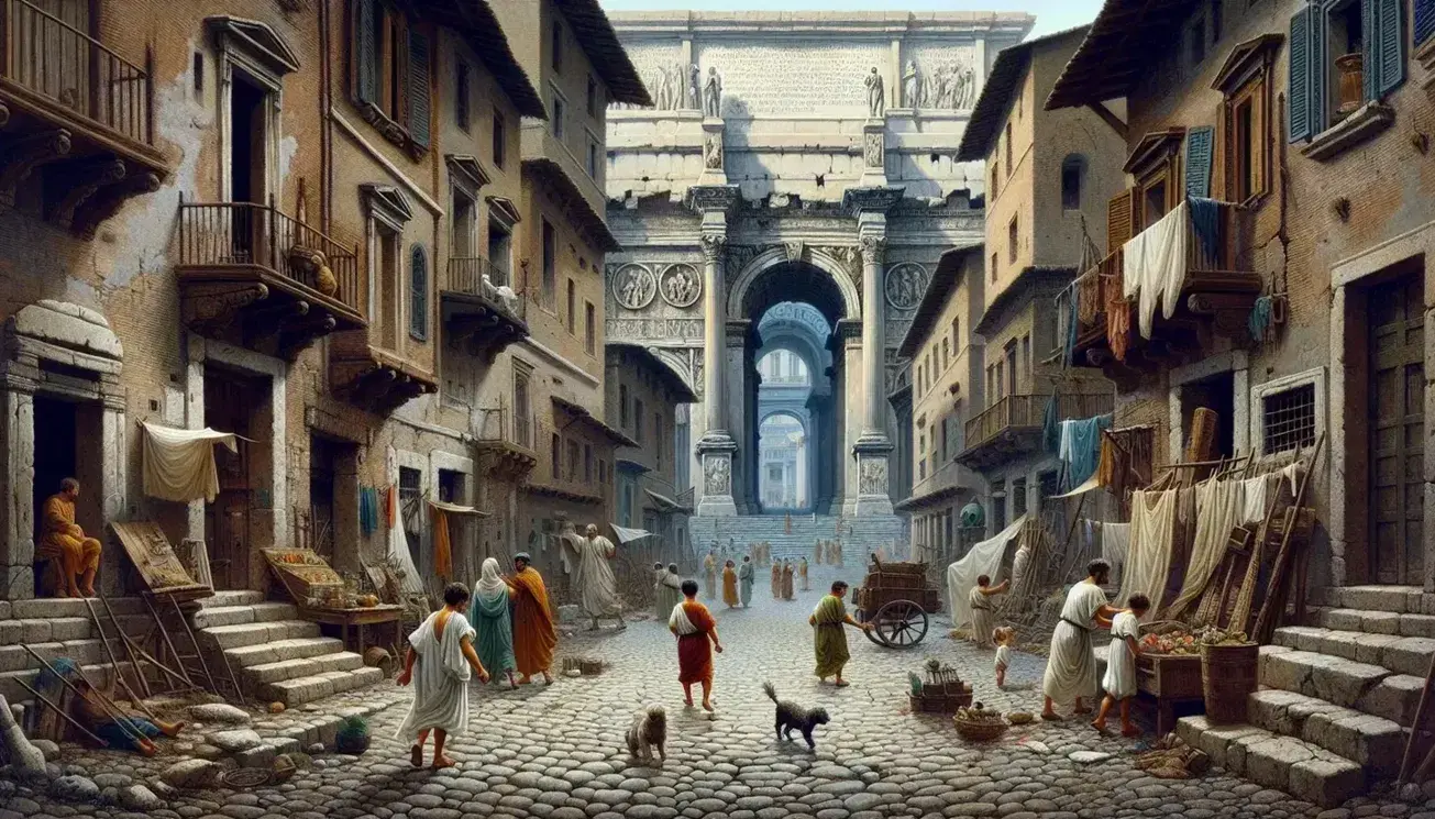 Scena quotidiana nell'antica Roma con strada lastricata, domus aristocratica, insulae, cittadini in abiti tipici e venditore ambulante.