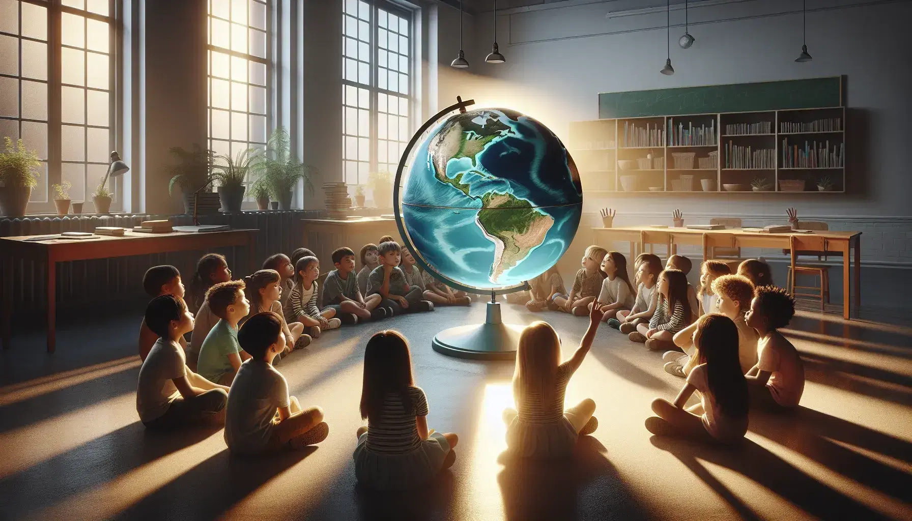 Niños de diversas etnias sentados en semicírculo en un aula, enfocados en un globo terráqueo iluminado por luz natural, mostrando curiosidad.