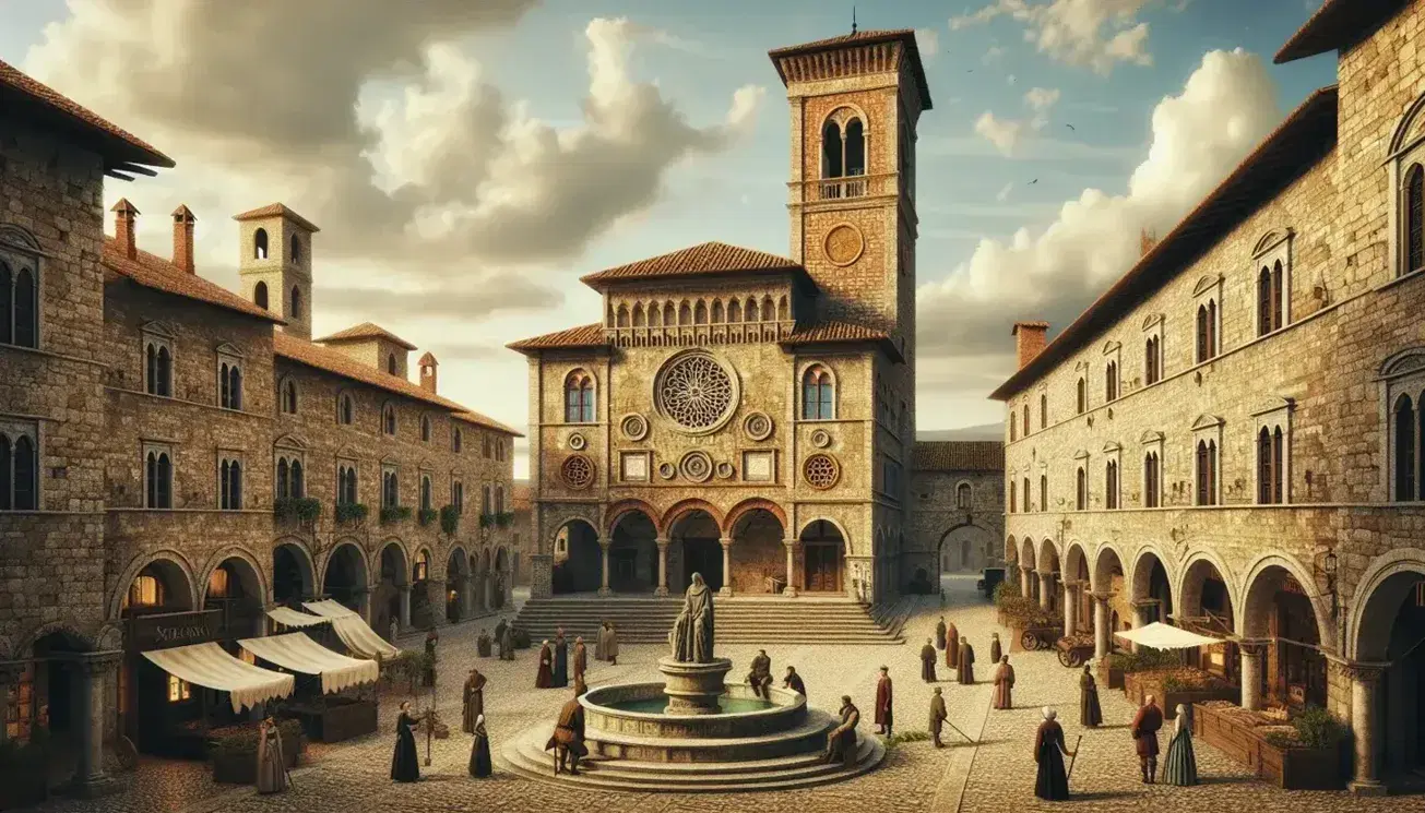 Piazza medievale italiana con palazzo comunale, torre campanaria, fontana in pietra, mercato e figure in abiti d'epoca.